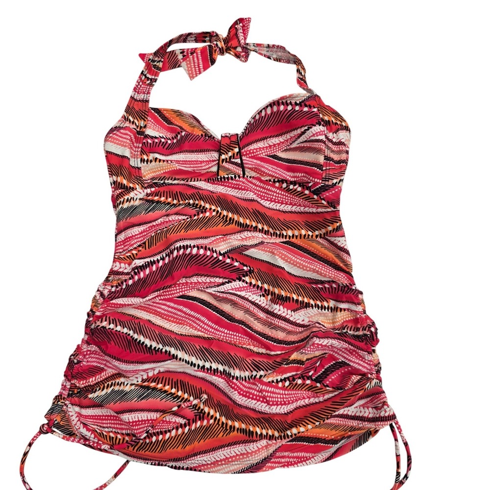 Croft & Barrow Womens Red Abstract Ruched Halter Tankini Swim Top Size 10 NEW